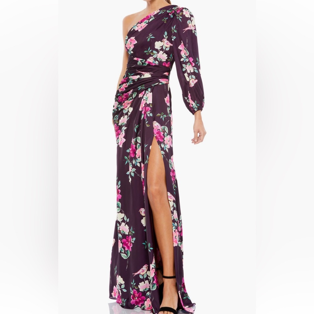 Mac Duggal One-Shoulder Floral Maxi Dress in Plum with Pink and Cream Flowers